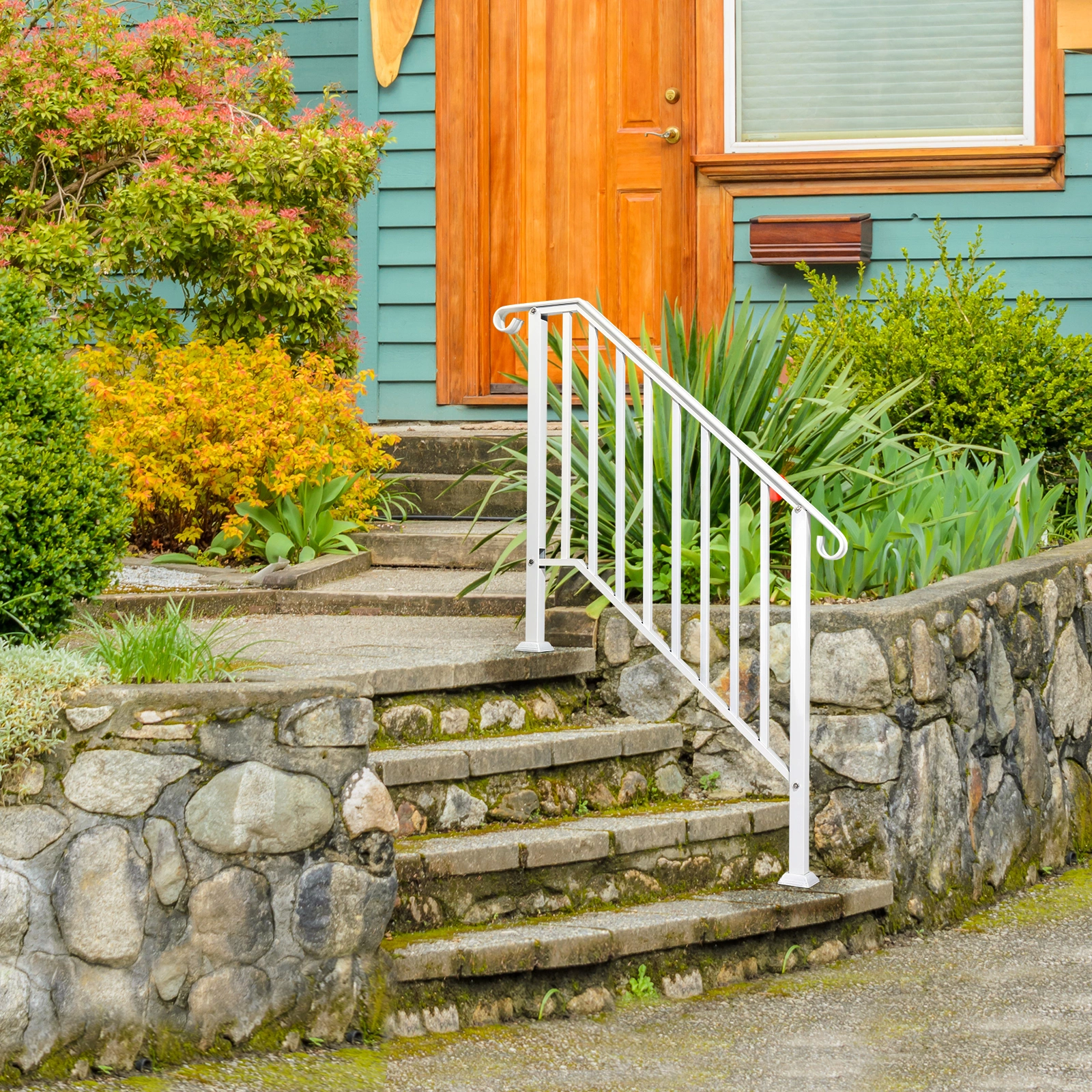 Handrails for Outdoor Steps, Iron Handrail Fits 3 Step, Transitional Handrail with Installation Kit, White view 9