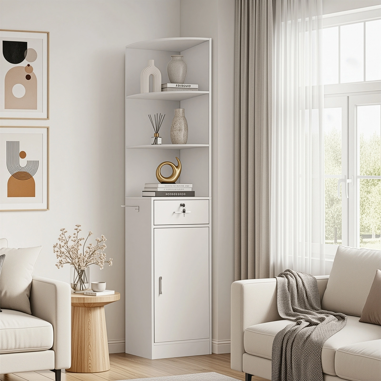 3-Tier Corner Salon Cabinet with 1 Door & 1 Drawer, 15mm E0 Grade Particleboard Matt White, 75.2" H Multipurpose Storage Cabinet for Beauty Salon Spa Bathroom Bedroom view 13
