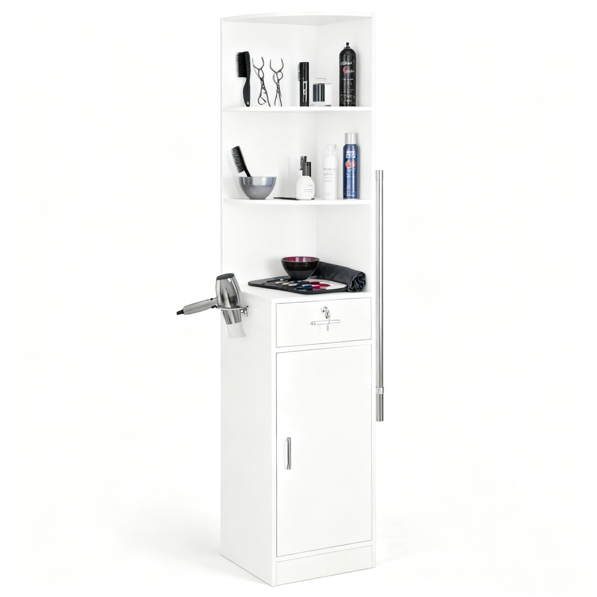3-Tier Corner Salon Cabinet with 1 Door & 1 Drawer, 15mm E0 Grade Particleboard Matt White, 75.2" H Multipurpose Storage Cabinet for Beauty Salon Spa Bathroom Bedroom view 3