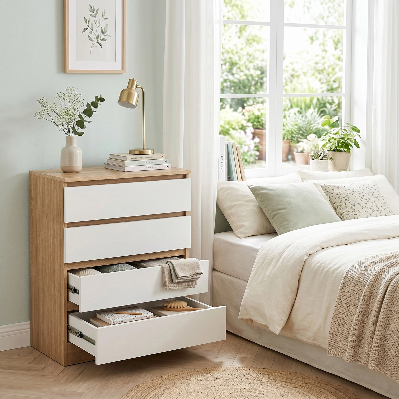 Handle-Free 4-Drawer Storage Cabinet Color-Block Drawer Dresser 23.62*14.96*30.71in Wood-Tone Cabinet Body + White Drawer Fronts view 11