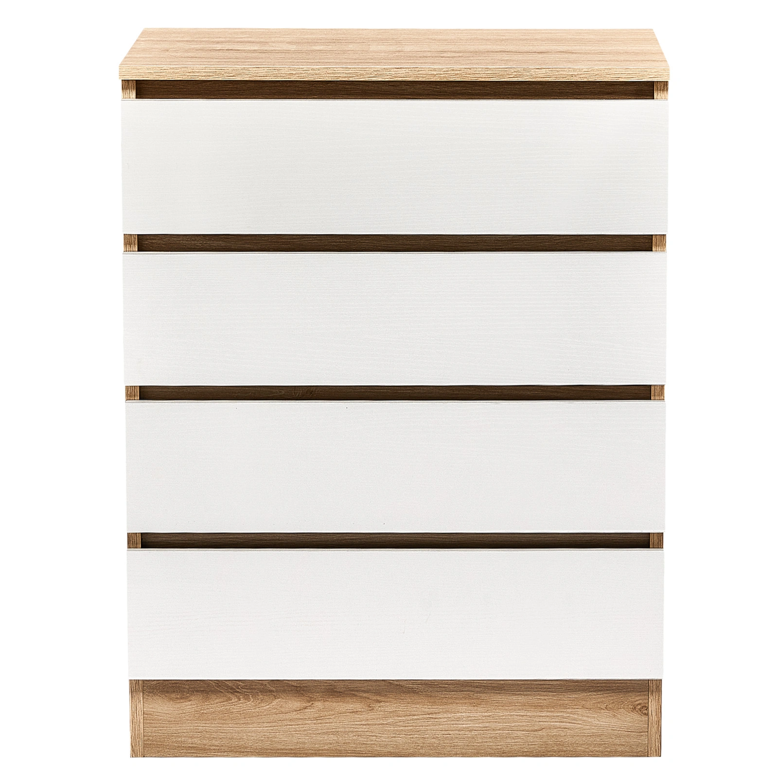 Handle-Free 4-Drawer Storage Cabinet Color-Block Drawer Dresser 23.62*14.96*30.71in Wood-Tone Cabinet Body + White Drawer Fronts view 2