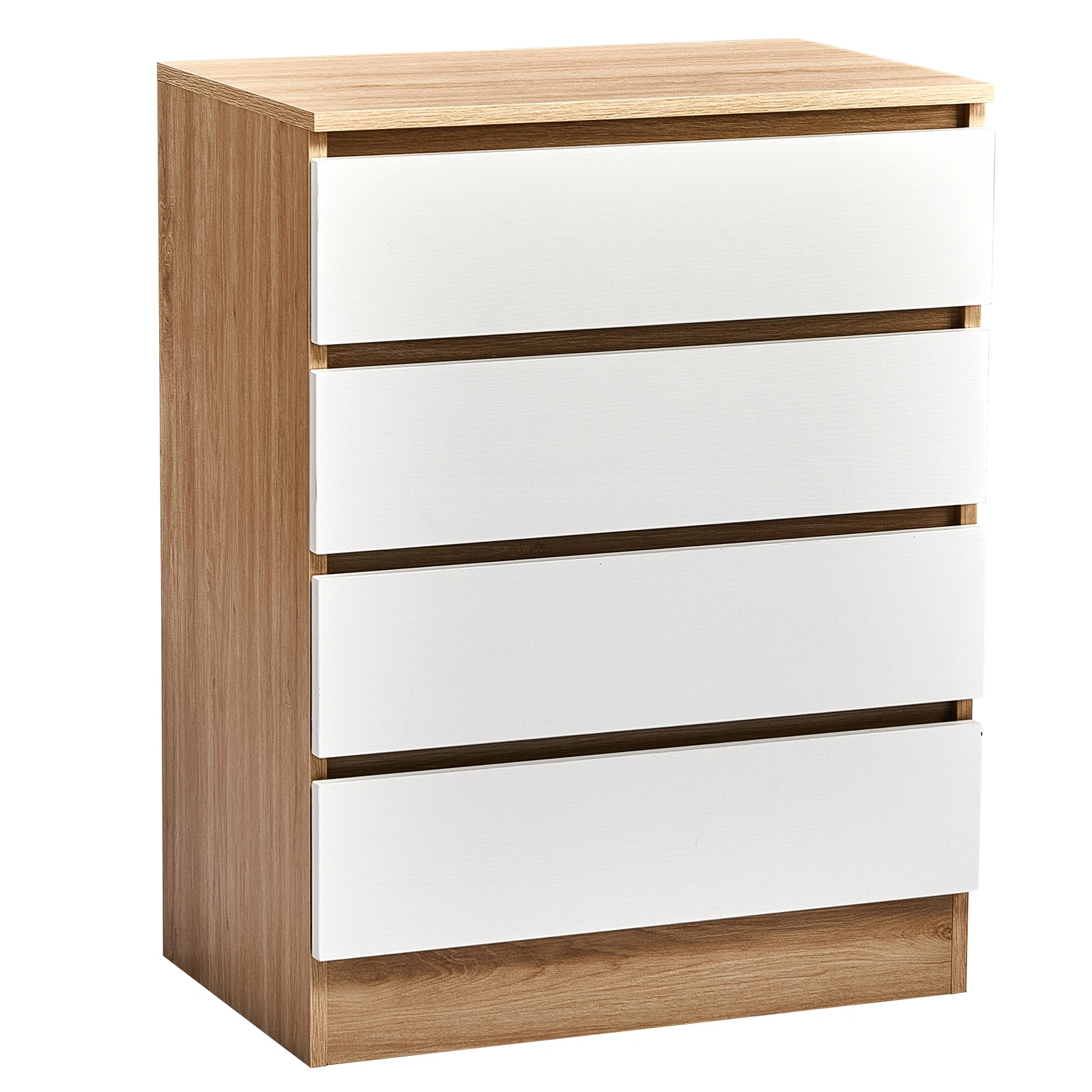Handle-Free 4-Drawer Storage Cabinet Color-Block Drawer Dresser 23.62*14.96*30.71in Wood-Tone Cabinet Body + White Drawer Fronts view 3