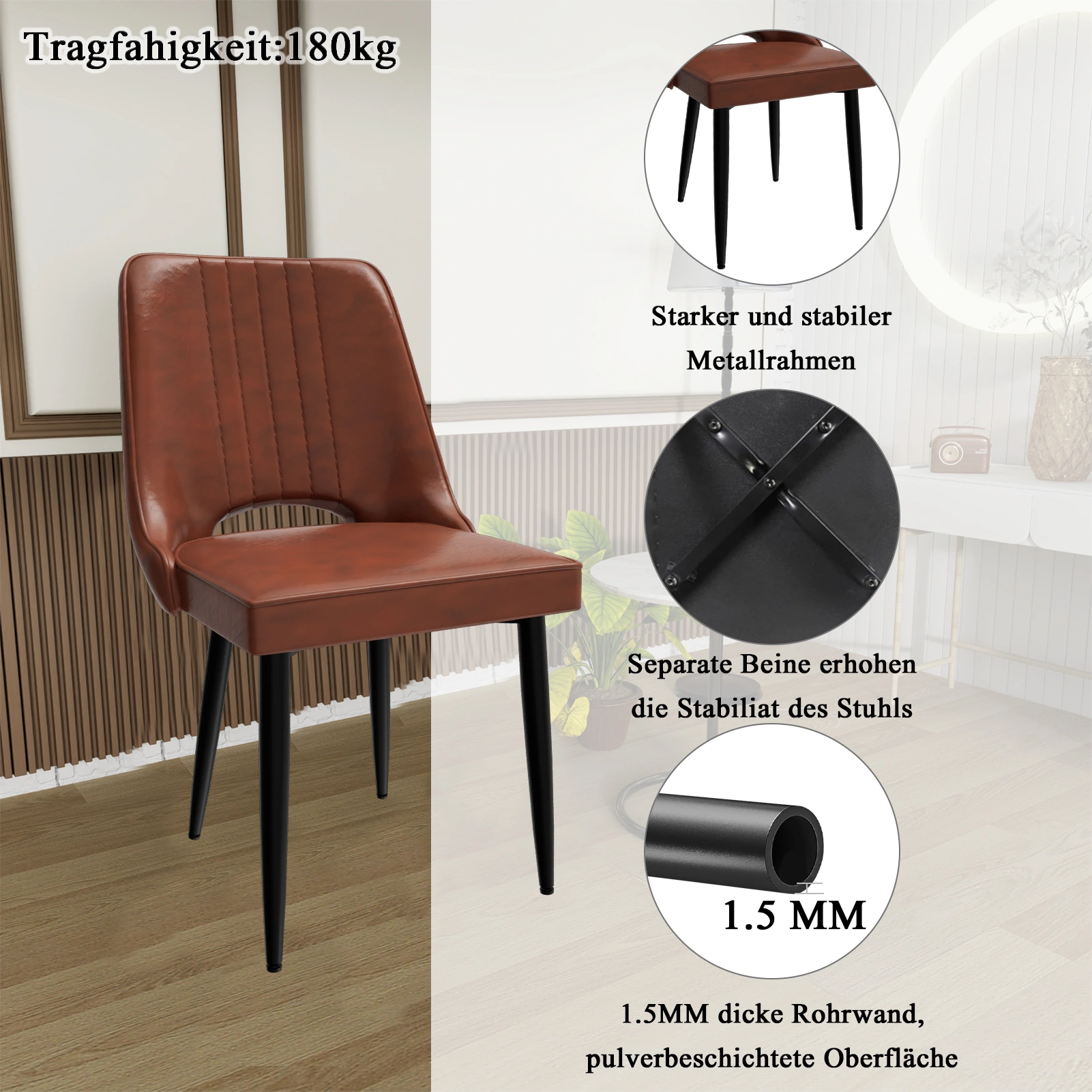 Scandinavian Dining Chairs with Cut-Out Backrest, Modern High Back Faux Leather Chair, Accent Kitchen Dining Room Seat view 3