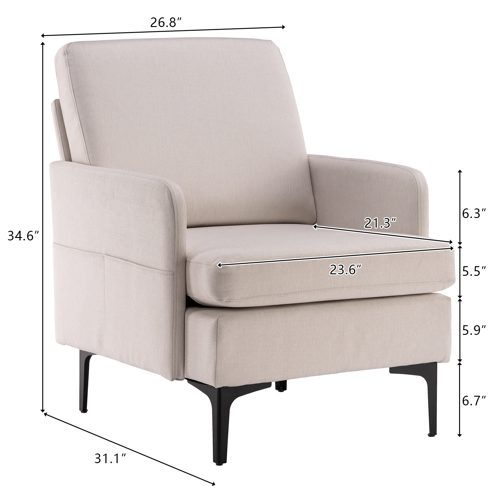 Beige Lounge Chair, Comfy Single Sofa Accent Chair with Padded Seat for Bedroom Living Room Guest Room view 2