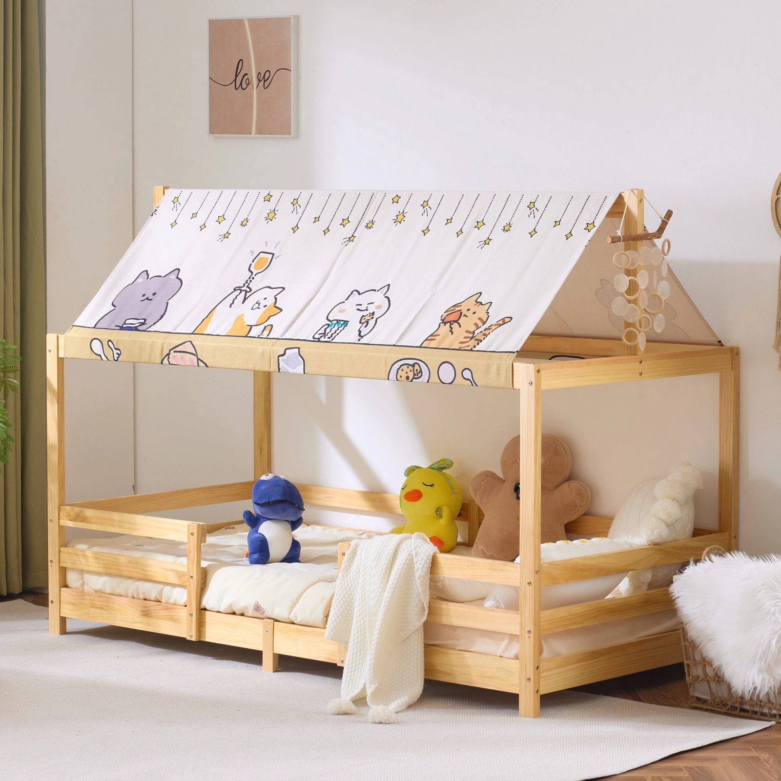 White Painted Pine Kids Canopy Bed with Roof Design Children's Bedroom Furniture