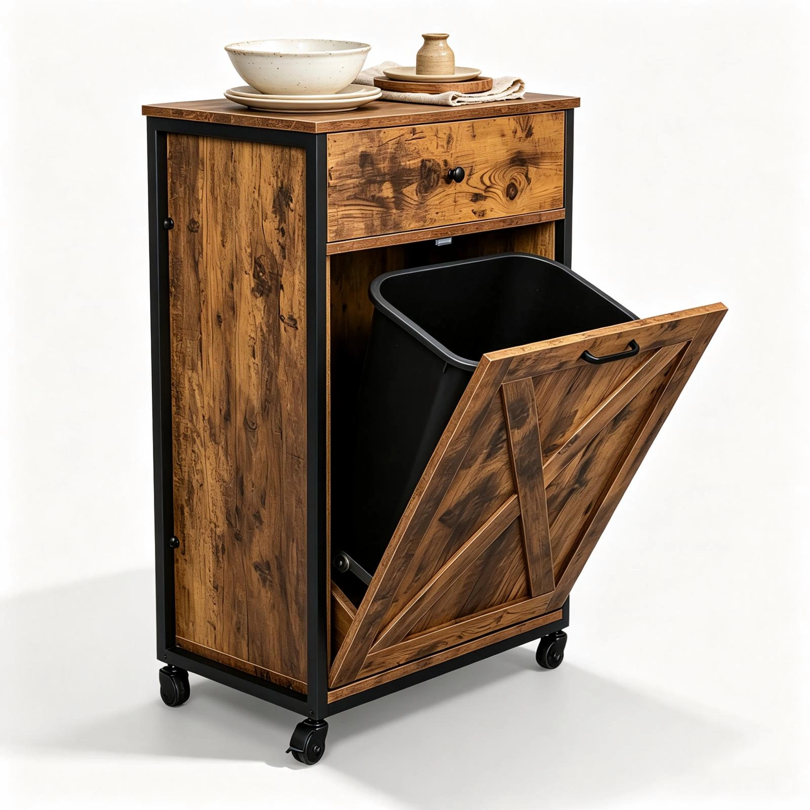 Vintage Trash Can Cabinet with Drawer and Door, MDF Melamine Finish, 22.4 x 13.8 x 35.4 inch Storage Bin Holder view 2