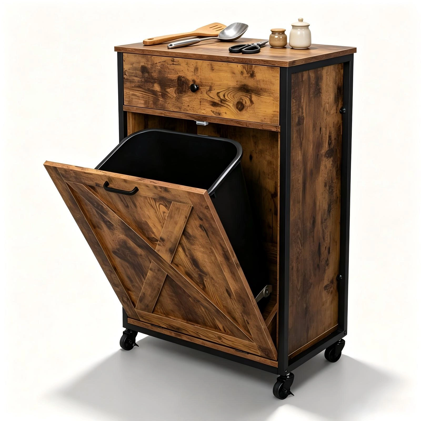 Vintage Trash Can Cabinet with Drawer and Door, MDF Melamine Finish, 22.4 x 13.8 x 35.4 inch Storage Bin Holder view 4