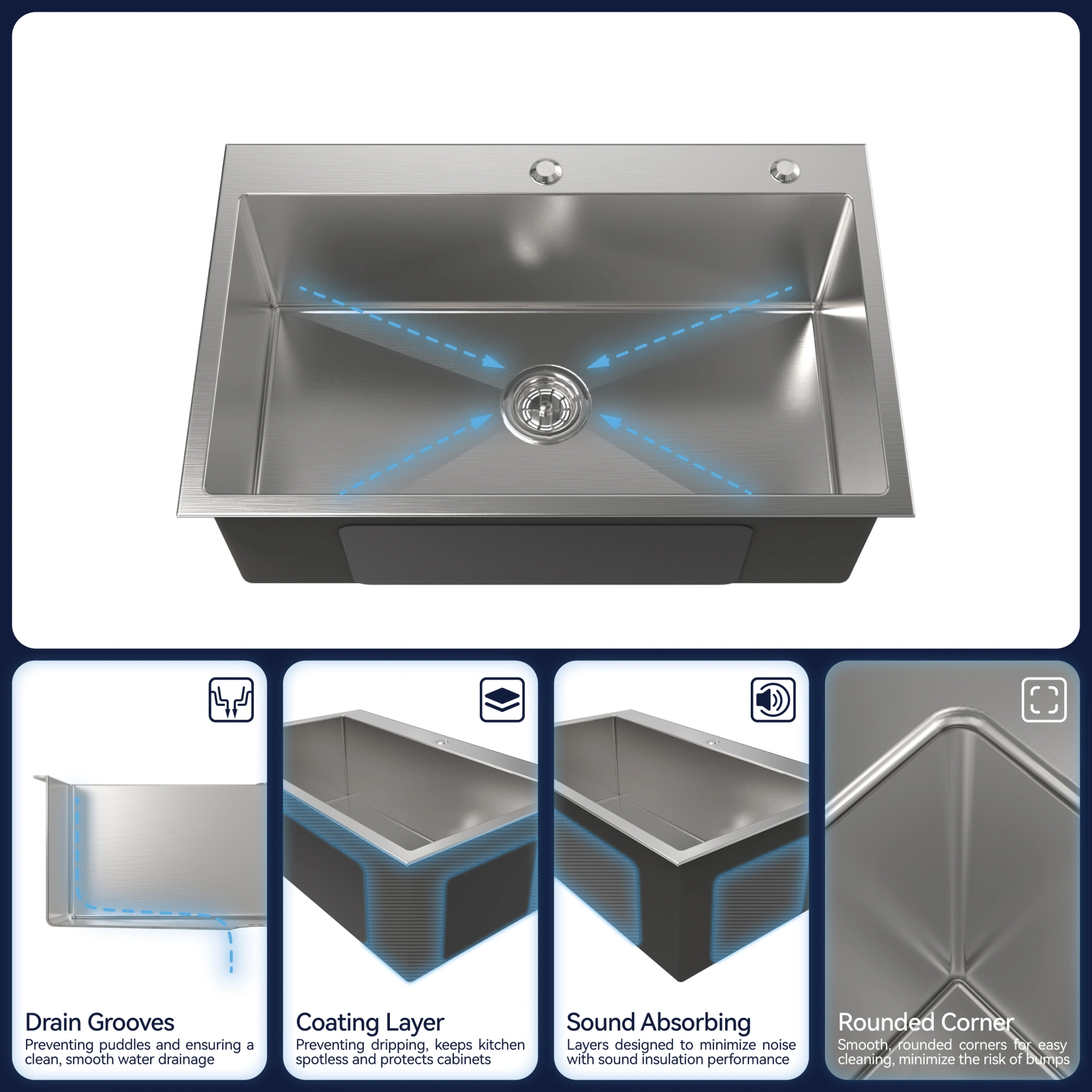 Handmade Stainless Steel Kitchen Sink 30x19 Inch Single Bowl Overmount Dark Gray with US Standard Drain & Mounting Hardware view 3