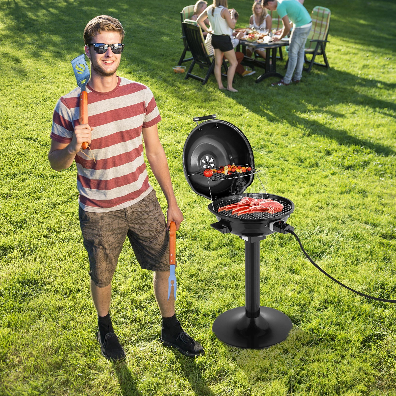 Electric BBQ Grill with Stand, Portable Double Layer Indoor Outdoor Grill, 1600W, Black view 8