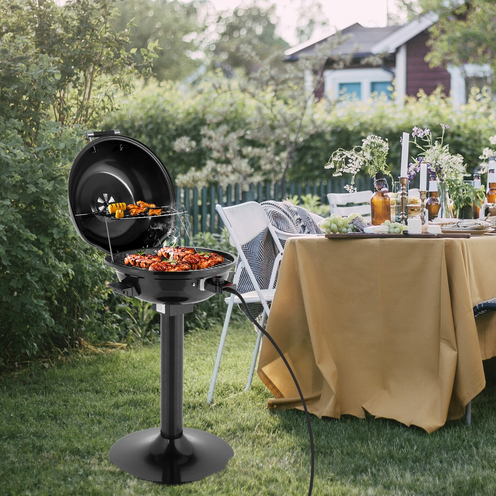 Electric BBQ Grill with Stand, Portable Double Layer Indoor Outdoor Grill, 1600W, Black view 9