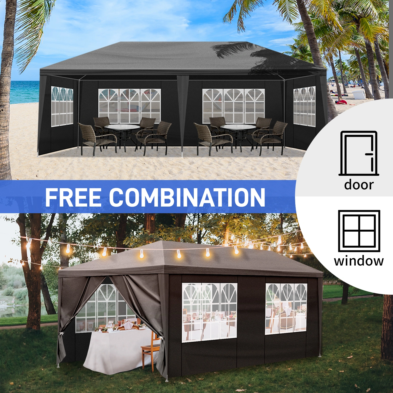 10'x20' Outdoor Party Tent with 6 Removable Sidewalls, Waterproof Canopy Patio Wedding Gazebo, Black view 14