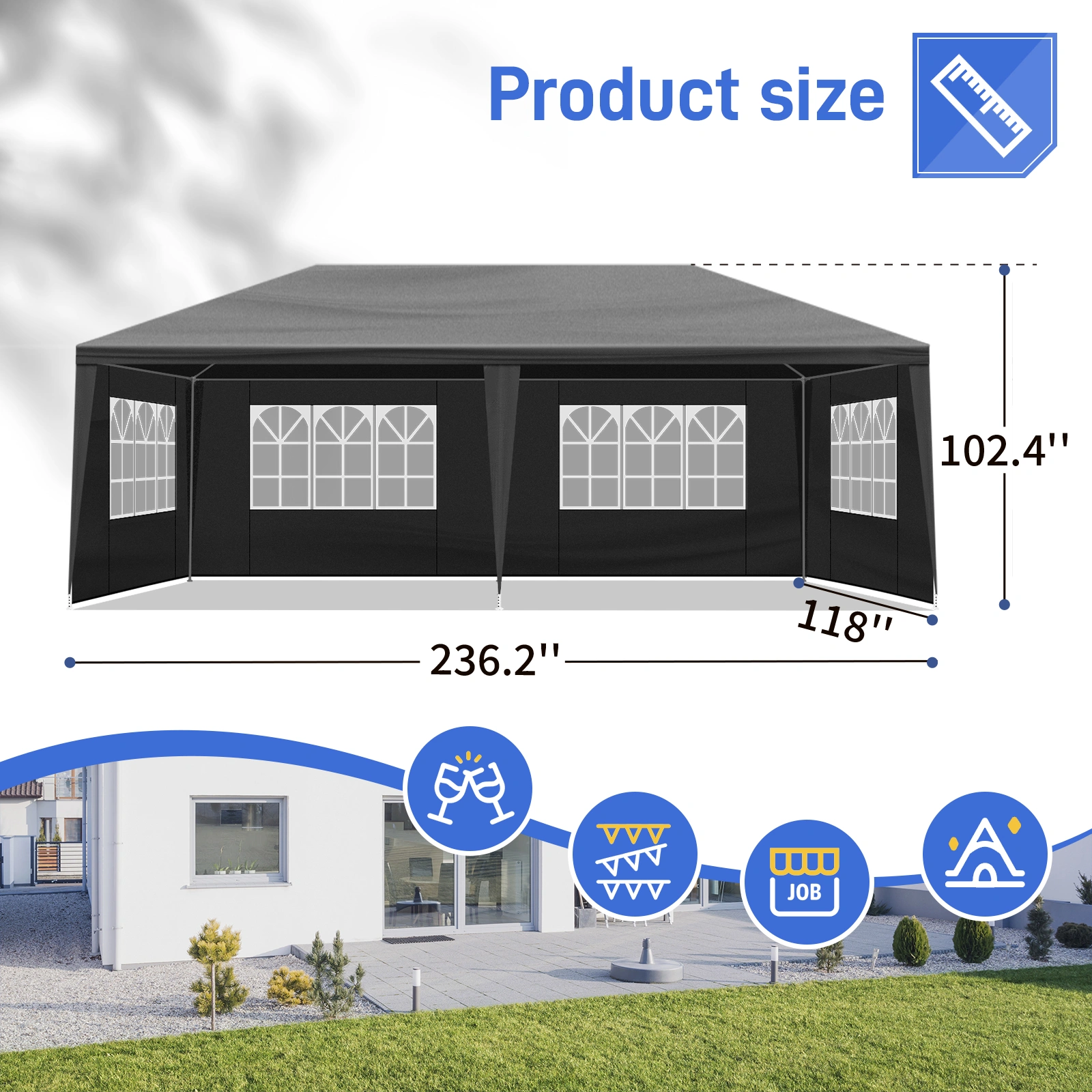 10'x20' Outdoor Party Tent with 6 Removable Sidewalls, Waterproof Canopy Patio Wedding Gazebo, Black view 9