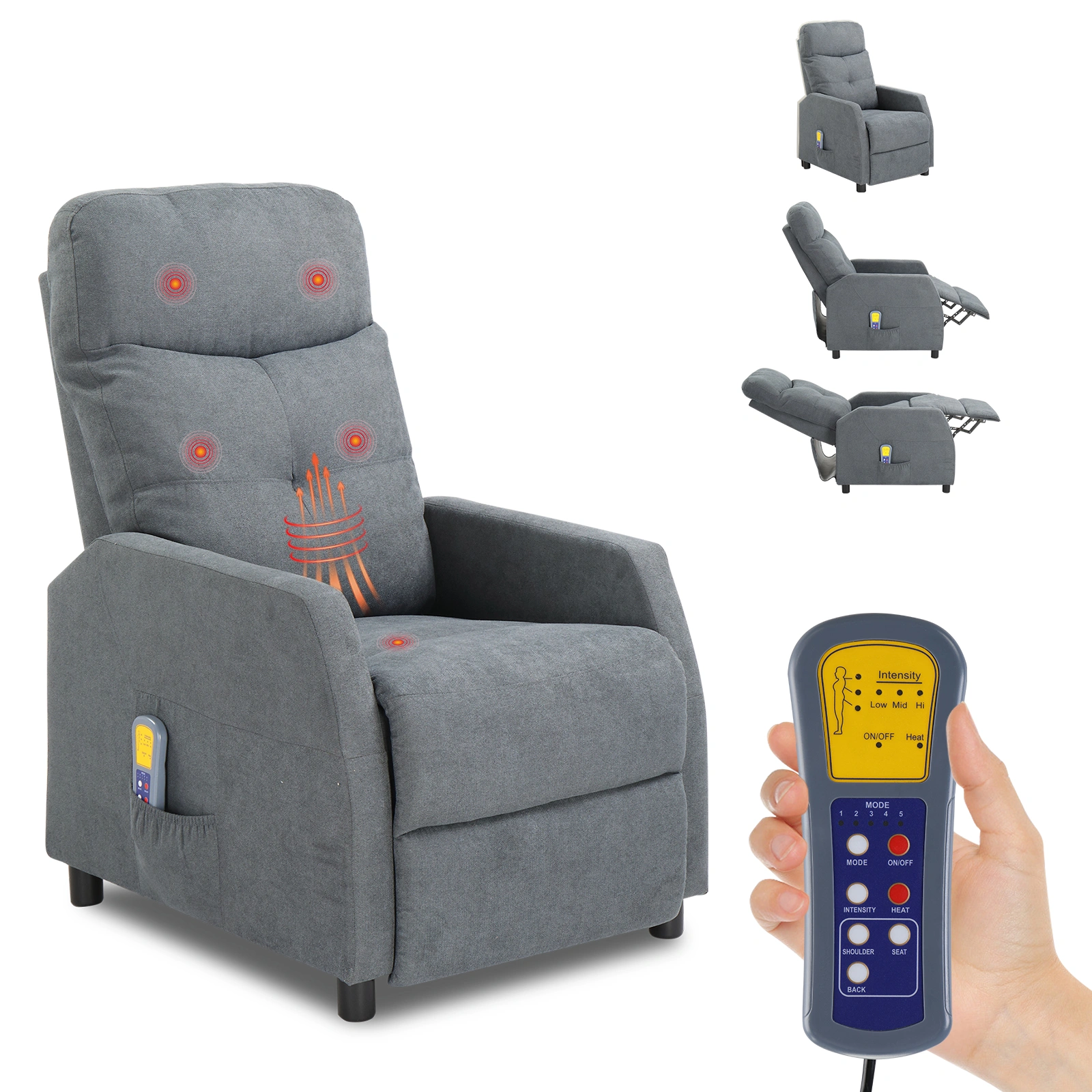 Light Gray Fabric Recliner Chair with 6-Point Massage & Heating Function, Electric Power Reclining Rocker, Home Theater Loveseat Sofa
