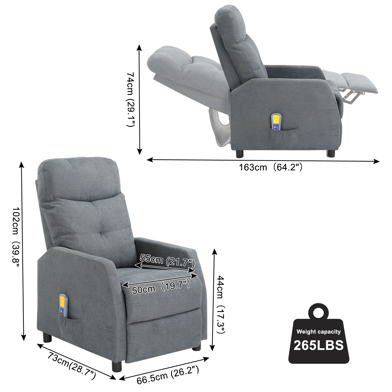 Light Gray Fabric Recliner Chair with 6-Point Massage & Heating Function, Electric Power Reclining Rocker, Home Theater Loveseat Sofa view 10