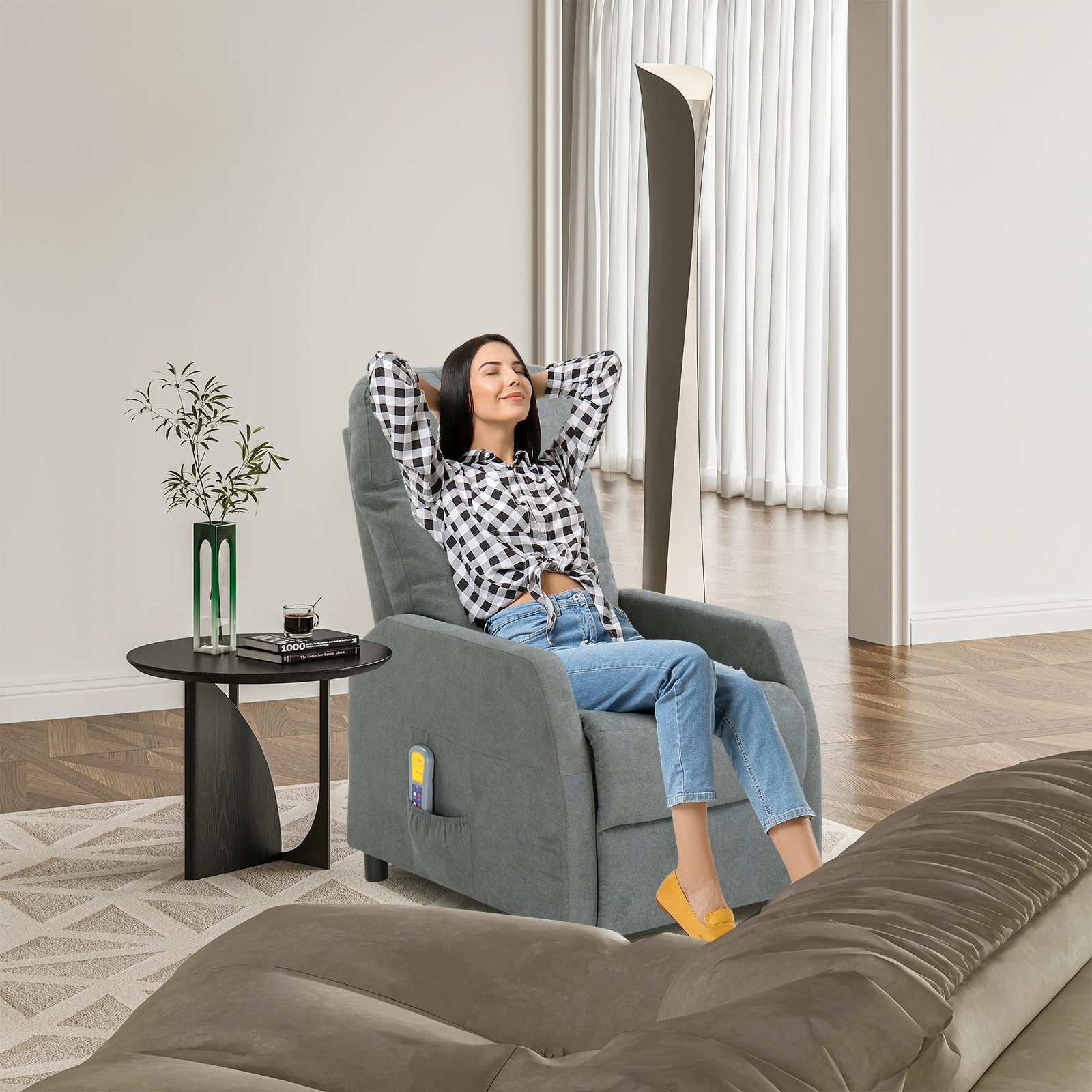 Light Gray Fabric Recliner Chair with 6-Point Massage & Heating Function, Electric Power Reclining Rocker, Home Theater Loveseat Sofa view 12