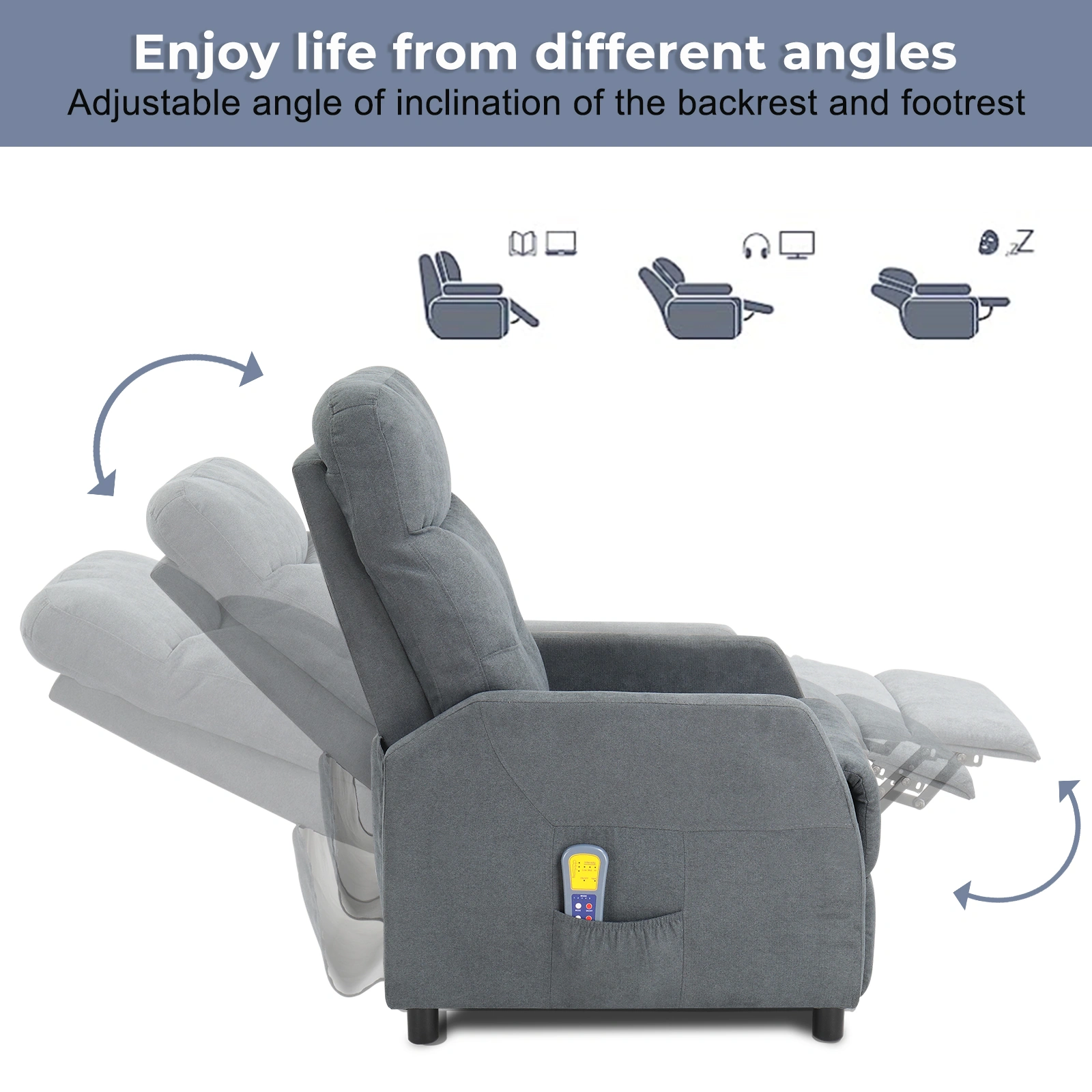 Light Gray Fabric Recliner Chair with 6-Point Massage & Heating Function, Electric Power Reclining Rocker, Home Theater Loveseat Sofa view 6