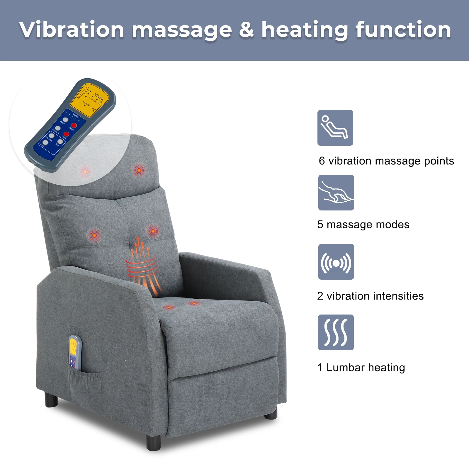 Light Gray Fabric Recliner Chair with 6-Point Massage & Heating Function, Electric Power Reclining Rocker, Home Theater Loveseat Sofa view 8