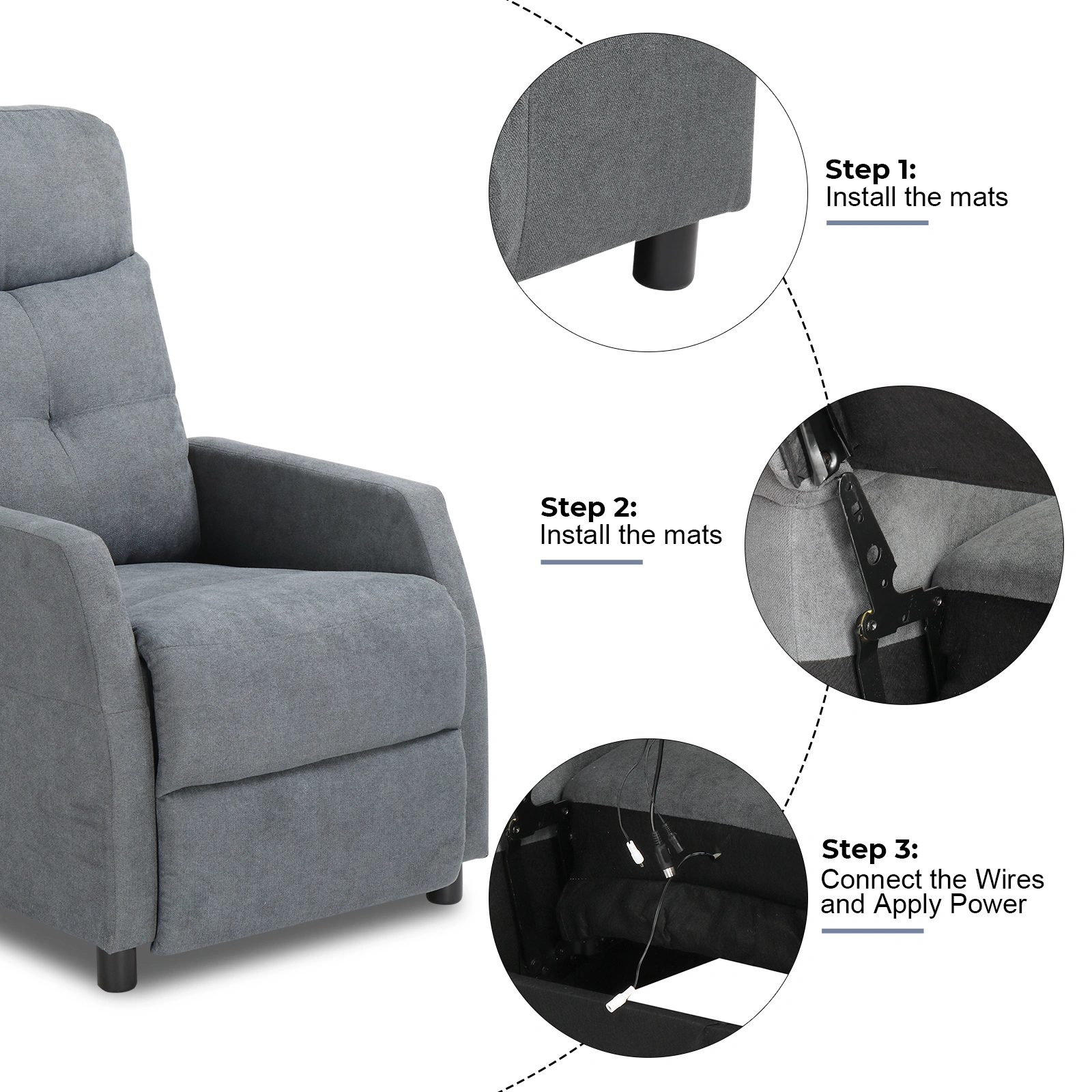 Light Gray Fabric Recliner Chair with 6-Point Massage & Heating Function, Electric Power Reclining Rocker, Home Theater Loveseat Sofa view 9