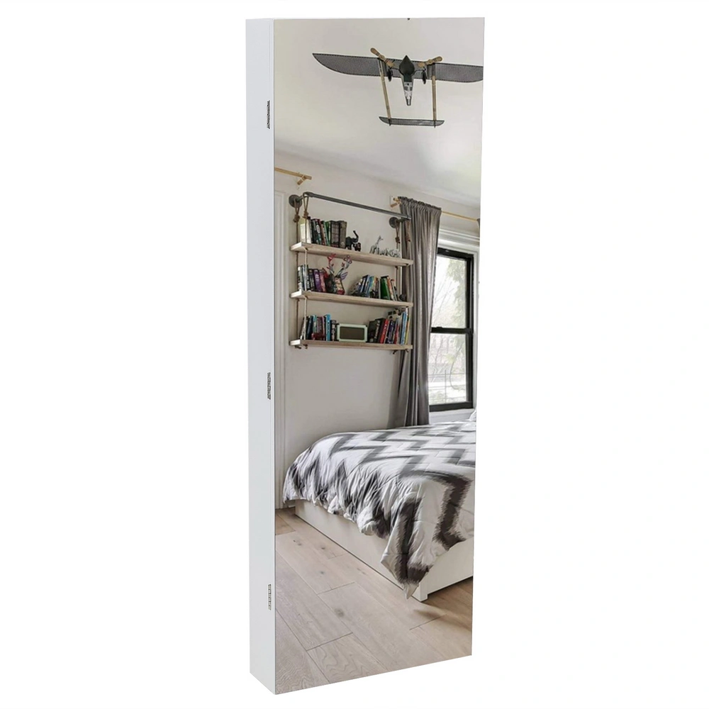 White Wooden Wall Hanging Jewelry Mirror Cabinet, 5-Tier Shelf, 2 Drawer, Full Mirror Storage Armoire Organizer view 2
