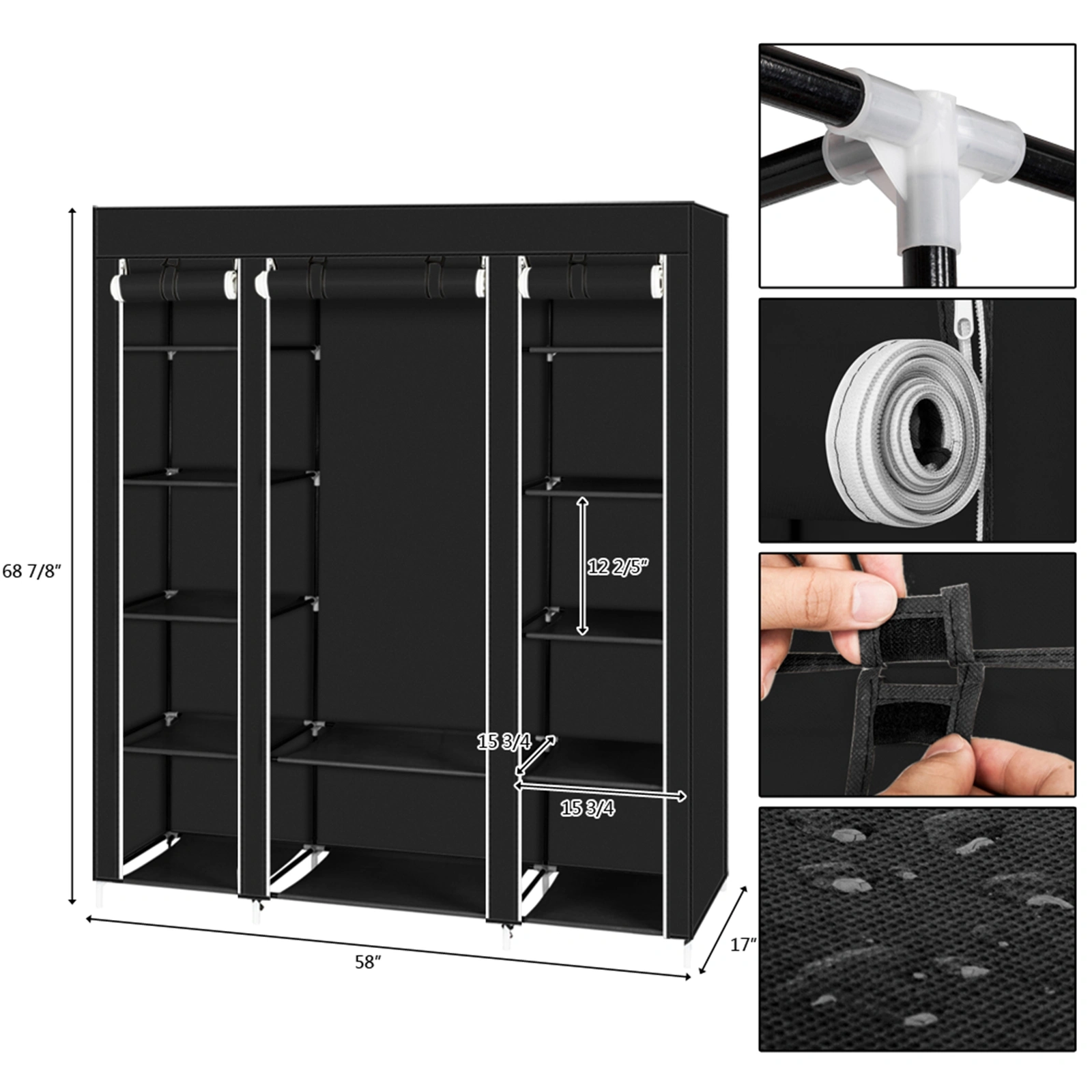 69" Portable Clothes Closet Wardrobe Storage Organizer with Non-Woven Fabric Quick and Easy to Assemble Extra Strong and Durable Black view 18