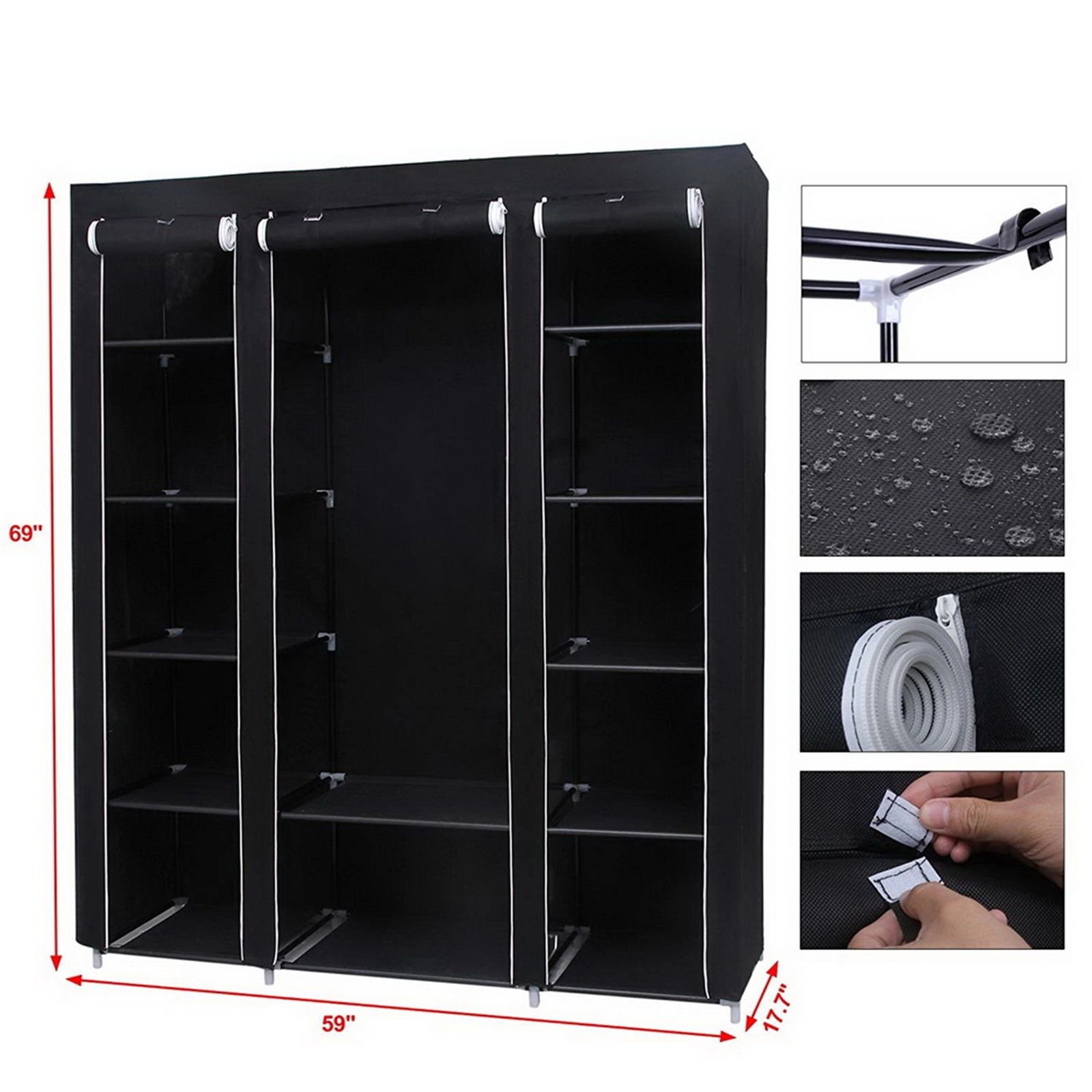 69" Portable Clothes Closet Wardrobe Storage Organizer with Non-Woven Fabric Quick and Easy to Assemble Extra Strong and Durable Black view 2