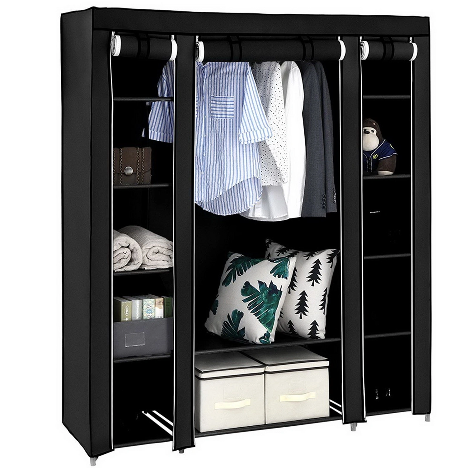 69" Portable Clothes Closet Wardrobe Storage Organizer with Non-Woven Fabric Quick and Easy to Assemble Extra Strong and Durable Black view 3