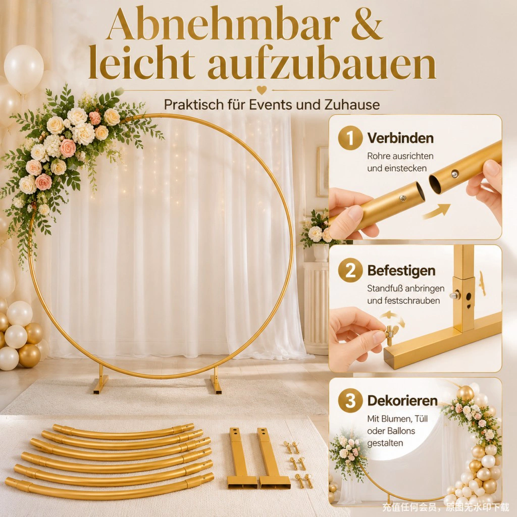 2m Round Balloon Arch Garland with Floral Print, Gold Stand Frame Kit, Wedding Party Decoration view 5