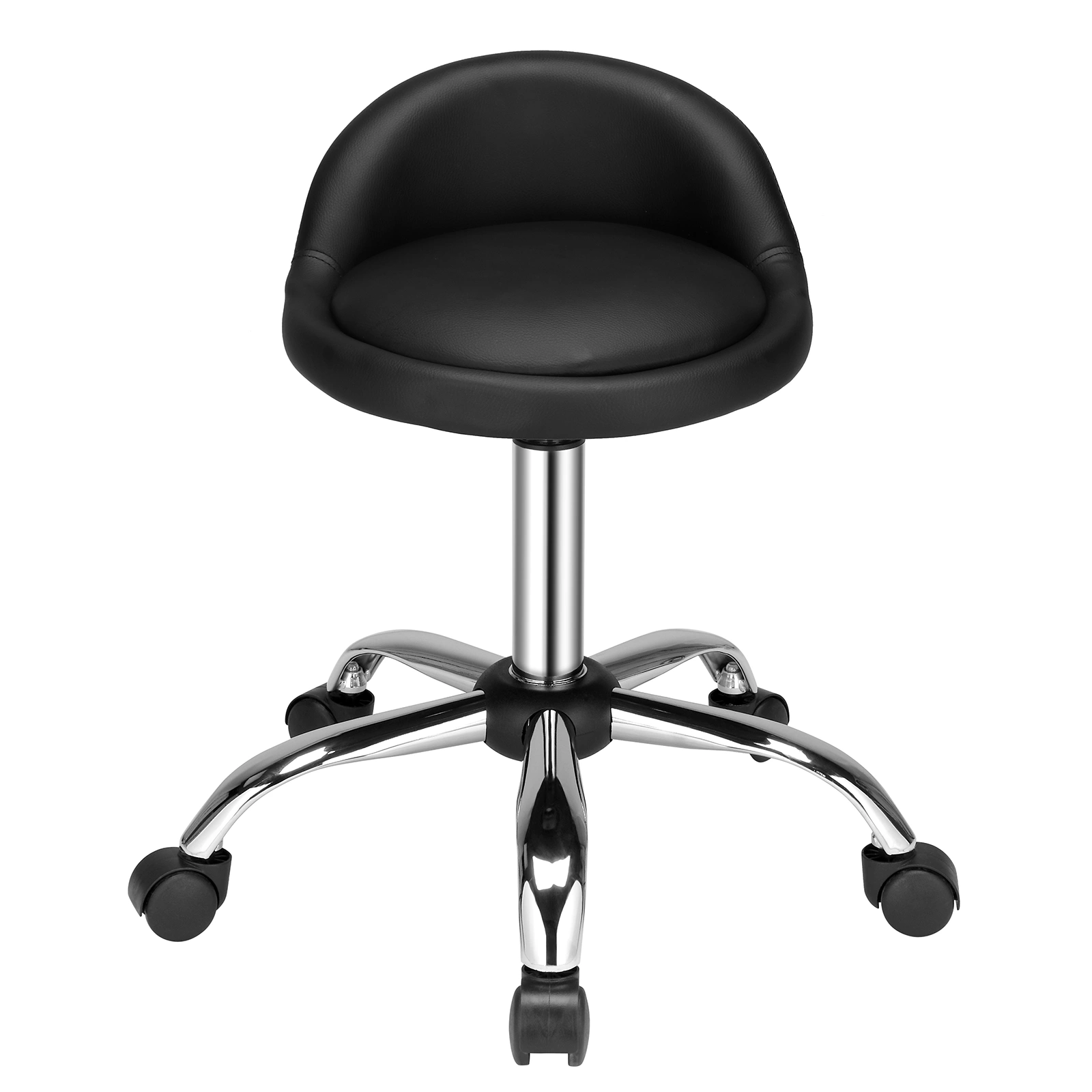 Black Technician Stool, Semi PU Leather Round Seat with Small Backrest, Nylon Wheels, 150kg Capacity, Five-Star Base view 2