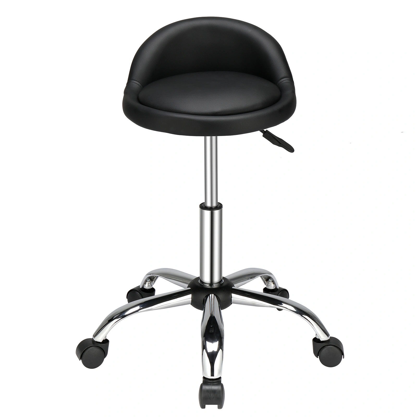 Black Technician Stool, Semi PU Leather Round Seat with Small Backrest, Nylon Wheels, 150kg Capacity, Five-Star Base view 3