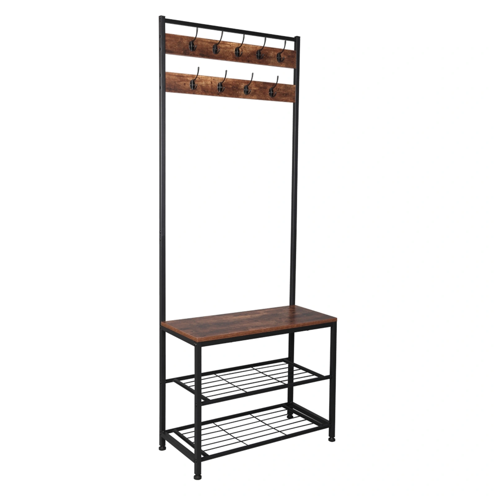 Industrial Coat Rack, Hall Tree Entryway Shoe Bench, Storage Shelf Organizer, Accent Furniture with Metal Frame view 2