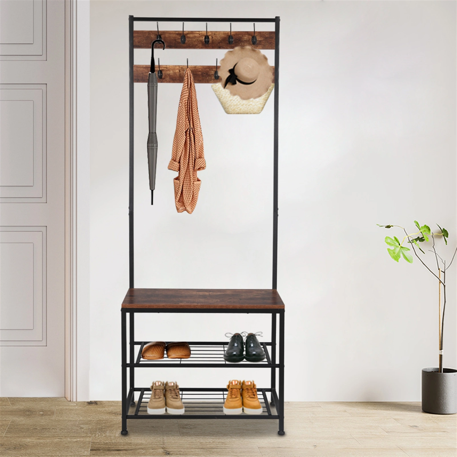 Industrial Coat Rack, Hall Tree Entryway Shoe Bench, Storage Shelf Organizer, Accent Furniture with Metal Frame view 3