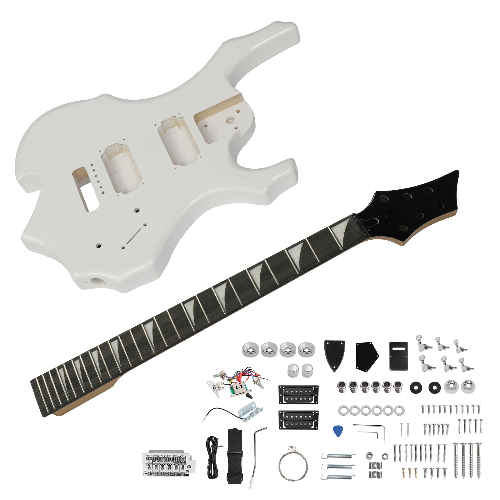 DIY 6 String Flame Shaped Style HSH Electric Guitar Kits with Mahogany Body, Maple Neck and Accessories White view 7