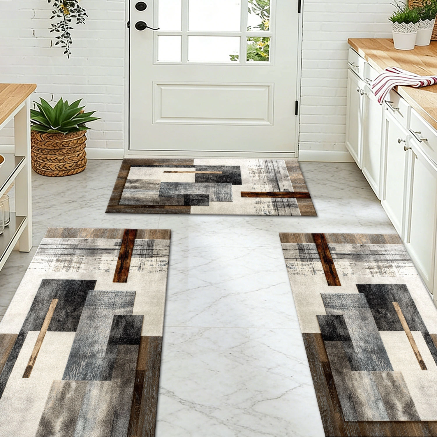 Three-piece kitchen rug set, non-slip and washable, abstract pattern kitchen hallway rug, soft and comfortable, suitable for sinks, floors, entrances, hallways and bathrooms. view 8