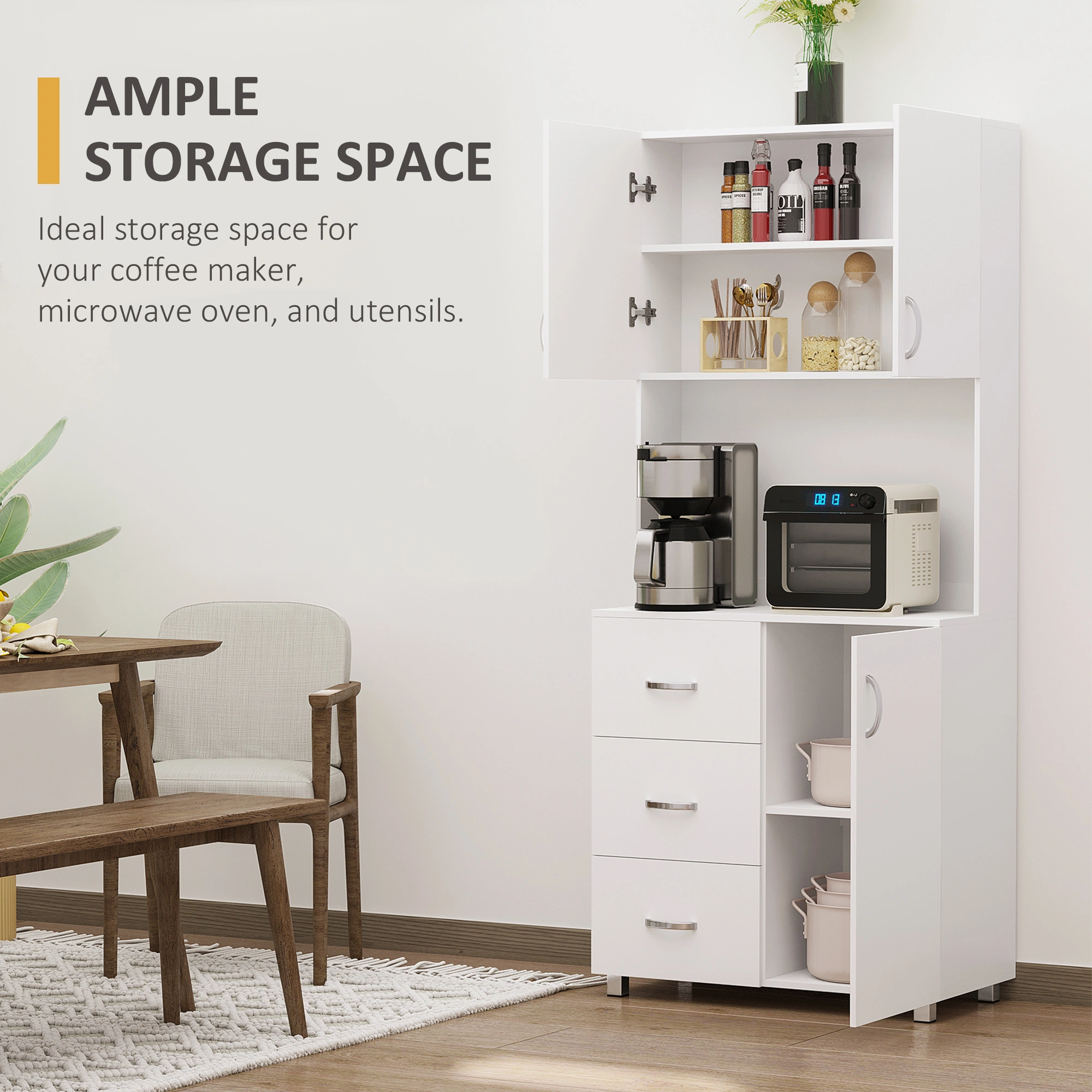 Kitchen and Bathroom Storage Cabinet, Freestanding Floor Cupboard with Adjustable Shelves, Pantry Organizer, White, 2-Door Design view 3