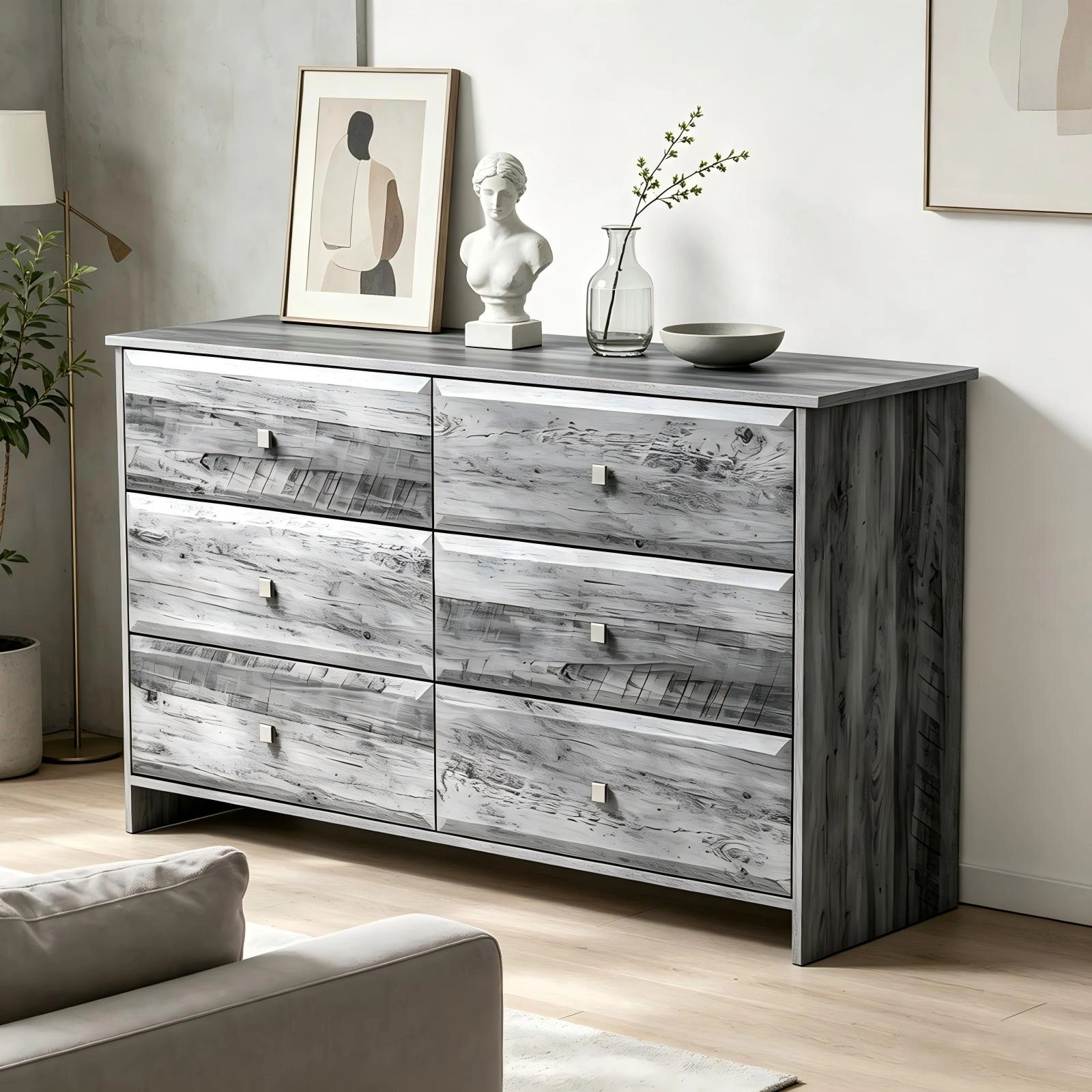 Double Column 6 Drawer Dresser Chest, MDF Melamine Finish Storage Cabinet, 53.9x14.5x29.1in Carbon Wood Bedroom Organizer