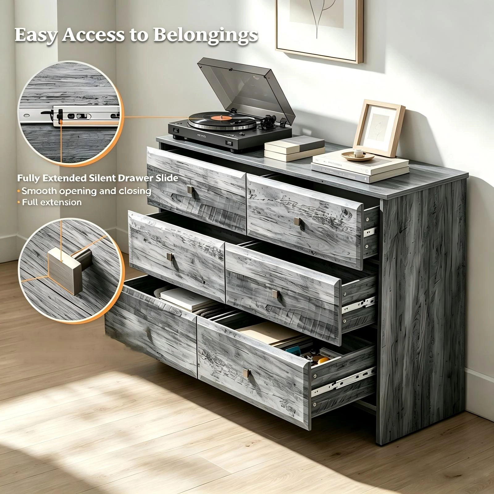 Double Column 6 Drawer Dresser Chest, MDF Melamine Finish Storage Cabinet, 53.9x14.5x29.1in Carbon Wood Bedroom Organizer view 4