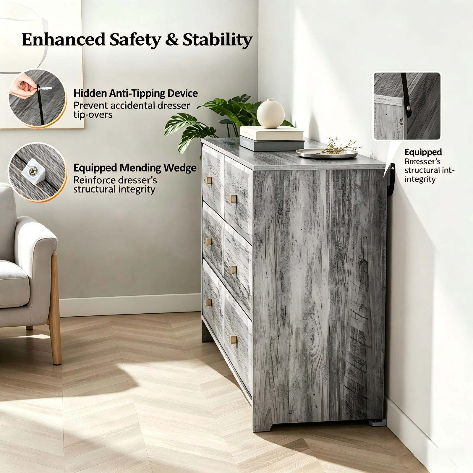 Double Column 6 Drawer Dresser Chest, MDF Melamine Finish Storage Cabinet, 53.9x14.5x29.1in Carbon Wood Bedroom Organizer view 6