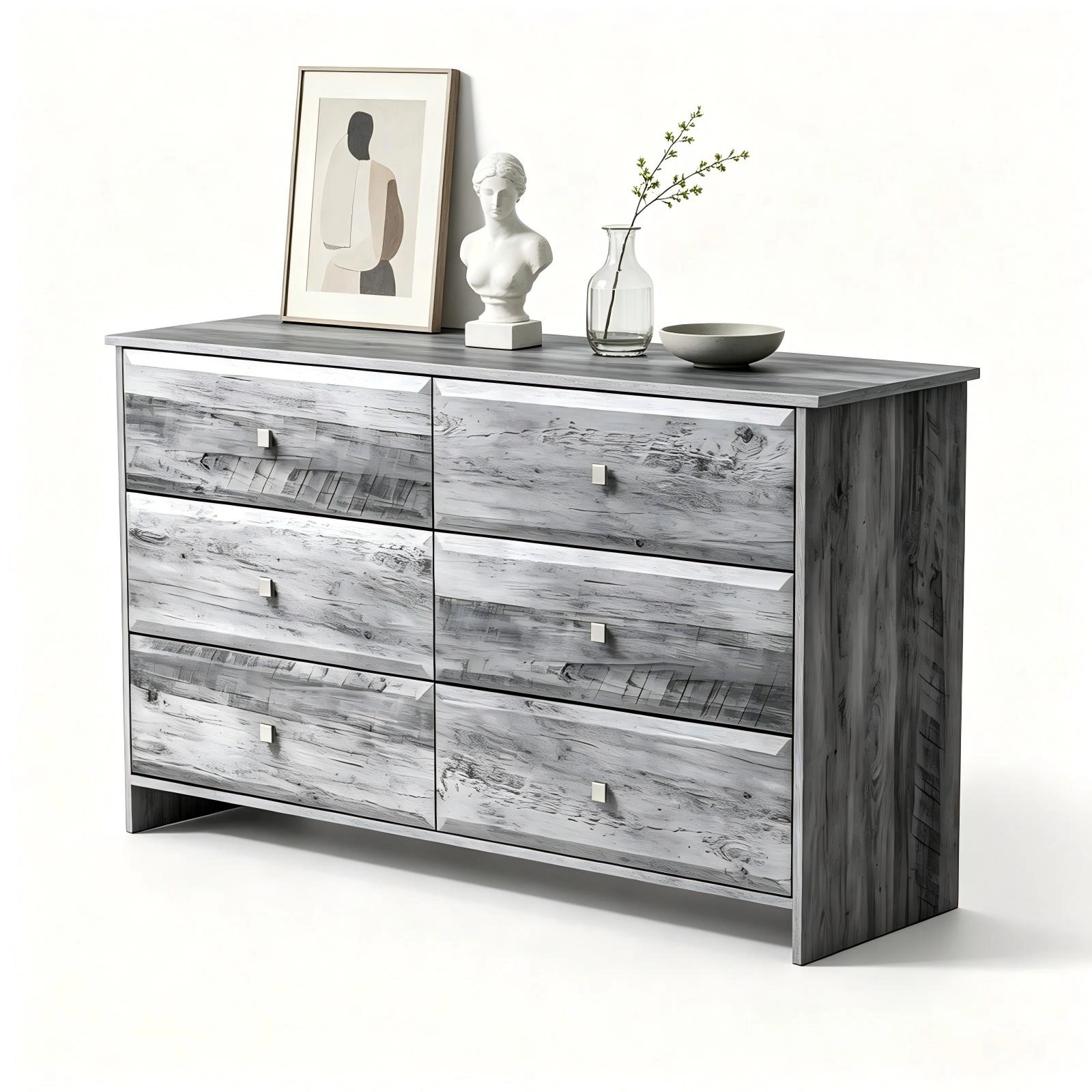 Double Column 6 Drawer Dresser Chest, MDF Melamine Finish Storage Cabinet, 53.9x14.5x29.1in Carbon Wood Bedroom Organizer view 8