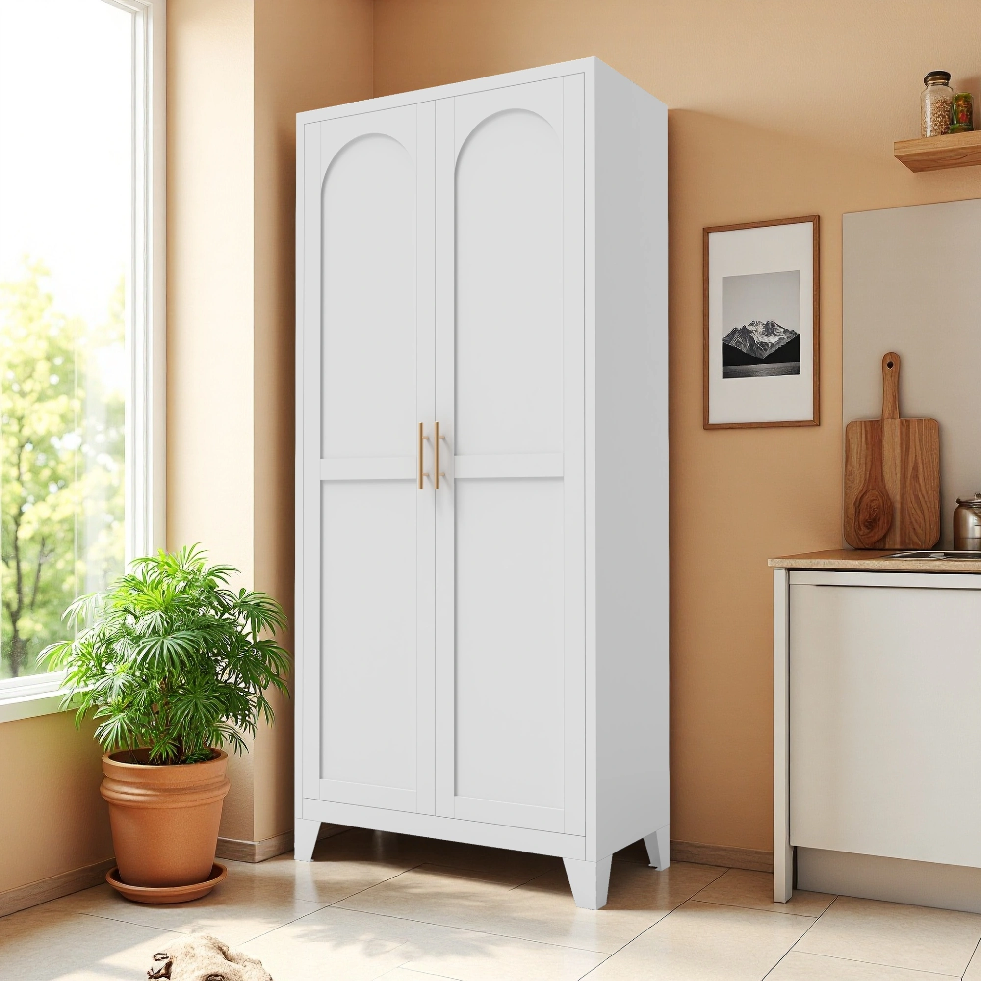 71'' 2 Shapely Doors Cabinet, Metal Storage Cabinet with Doors and Adjustable Shelves, for Bedroom, Living Room, Kitchen(White)-Does not support self pick up view 18