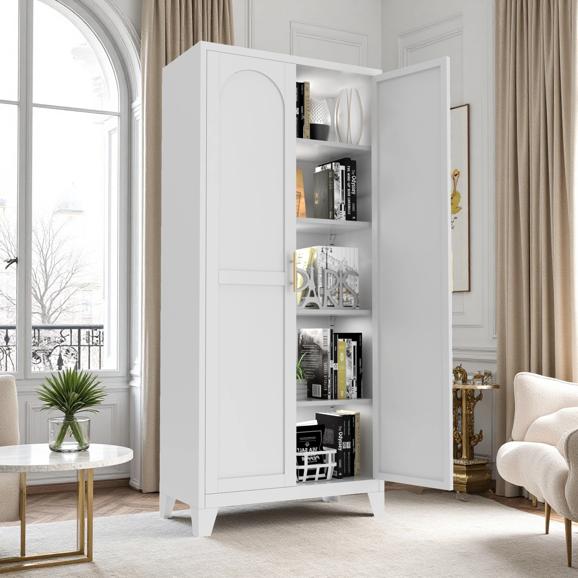 71'' 2 Shapely Doors Cabinet, Metal Storage Cabinet with Doors and Adjustable Shelves, for Bedroom, Living Room, Kitchen(White)-Does not support self pick up view 20