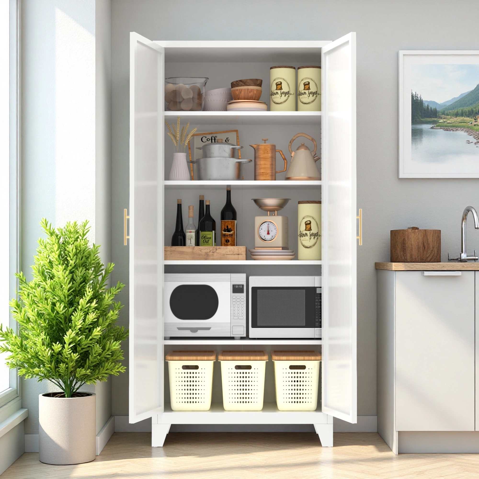 71'' 2 Shapely Doors Cabinet, Metal Storage Cabinet with Doors and Adjustable Shelves, for Bedroom, Living Room, Kitchen(White)-Does not support self pick up view 21