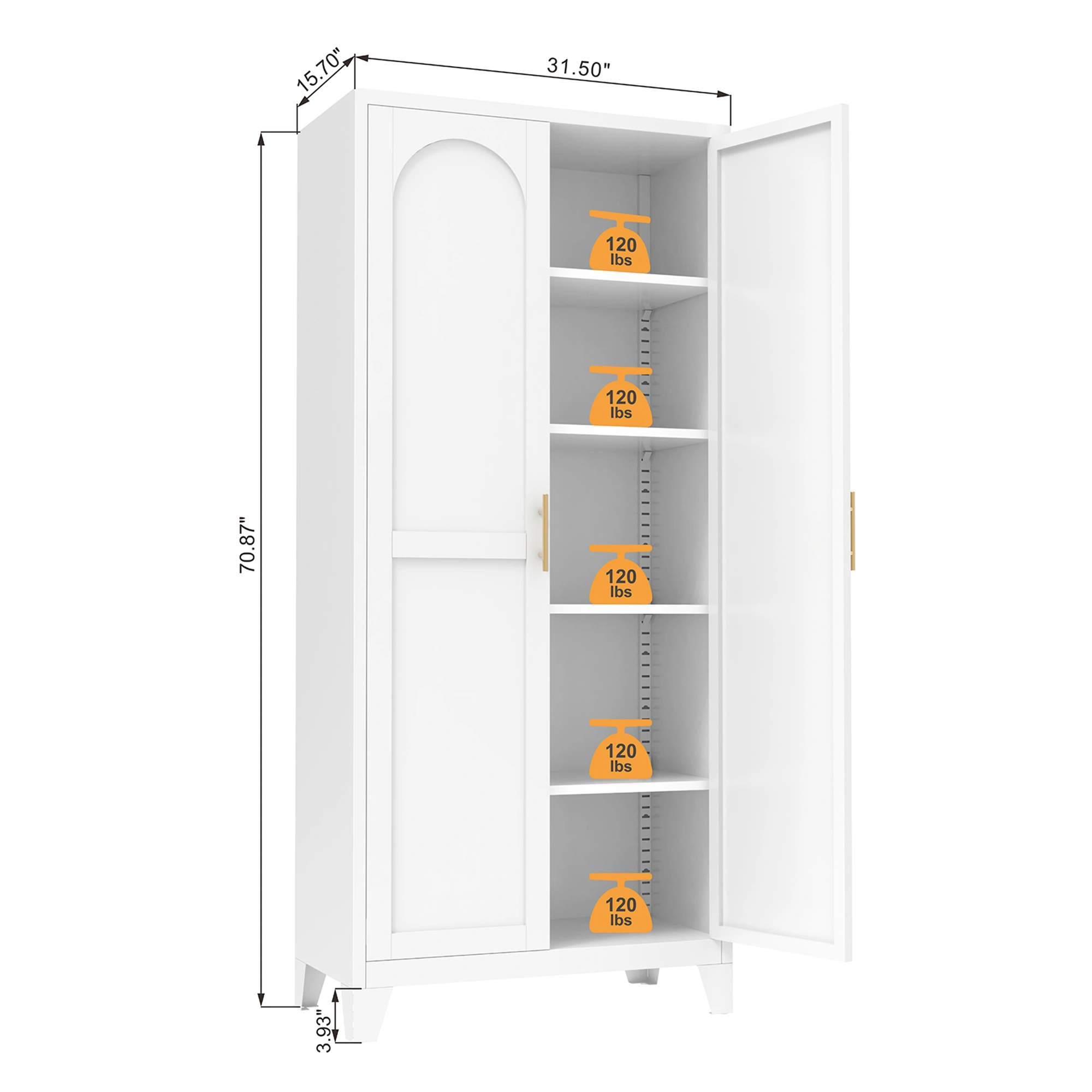 71'' 2 Shapely Doors Cabinet, Metal Storage Cabinet with Doors and Adjustable Shelves, for Bedroom, Living Room, Kitchen(White)-Does not support self pick up view 6