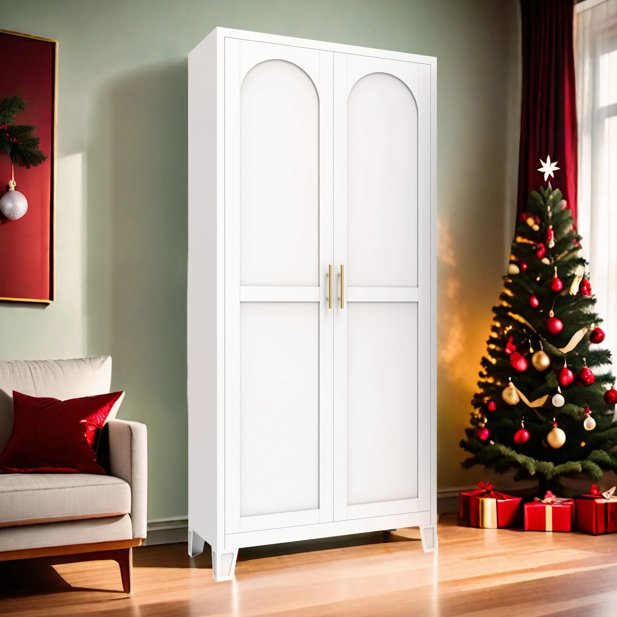 71'' 2 Shapely Doors Cabinet, Metal Storage Cabinet with Doors and Adjustable Shelves, for Bedroom, Living Room, Kitchen(White)-Does not support self pick up view 8