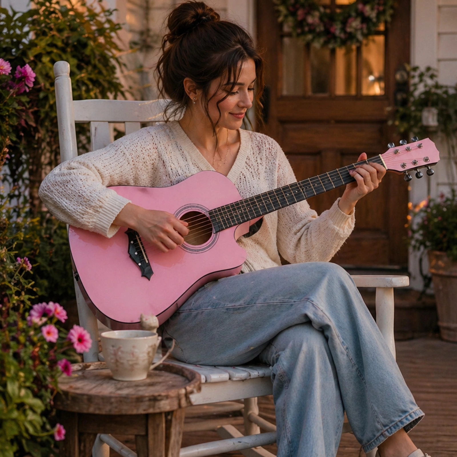 Matte Pink 38-inch Acoustic Guitar with Picks, Strings, Capo, Case, Tuner, and Strap view 12