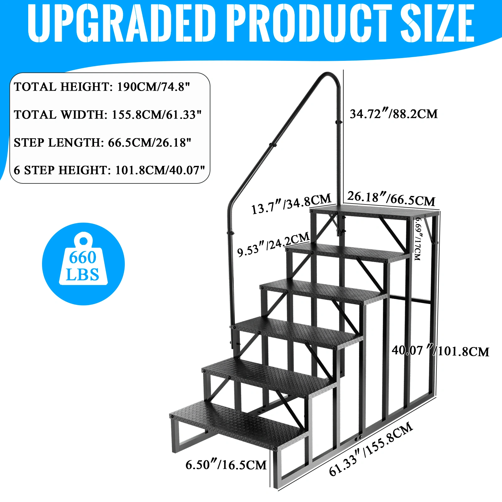 RV Stairs 6-Step Ladder, Anti-Slip Hot Tub Steps with Handrail, 660 lbs Capacity, for 5th Wheel RV & Mobile Home view 2