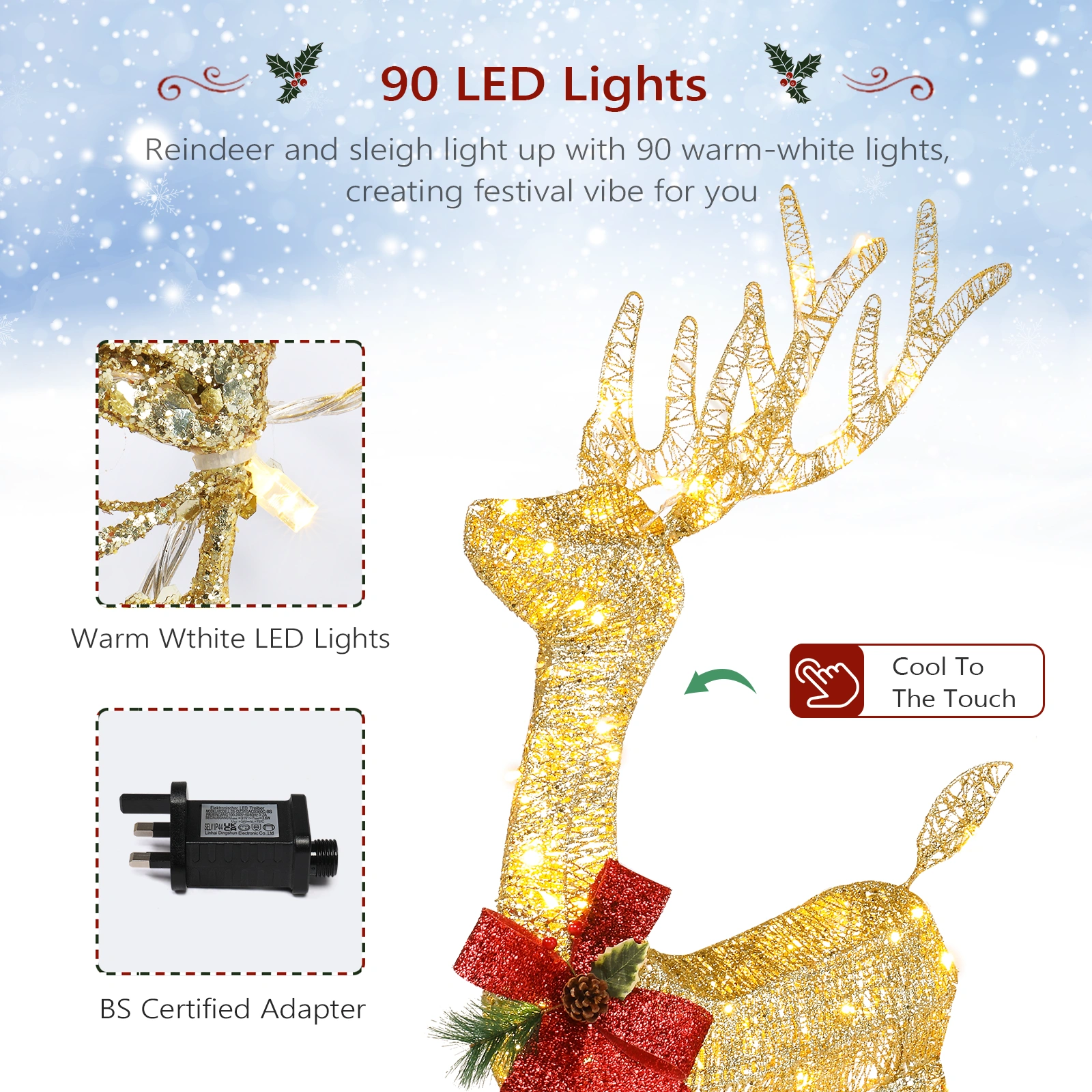 4FT Lighted Reindeer and Sleigh Outdoor Decor, Weatherproof Pre-Lit Christmas Reindeer with 180 LED Lights, Stakes & Zip Ties view 3