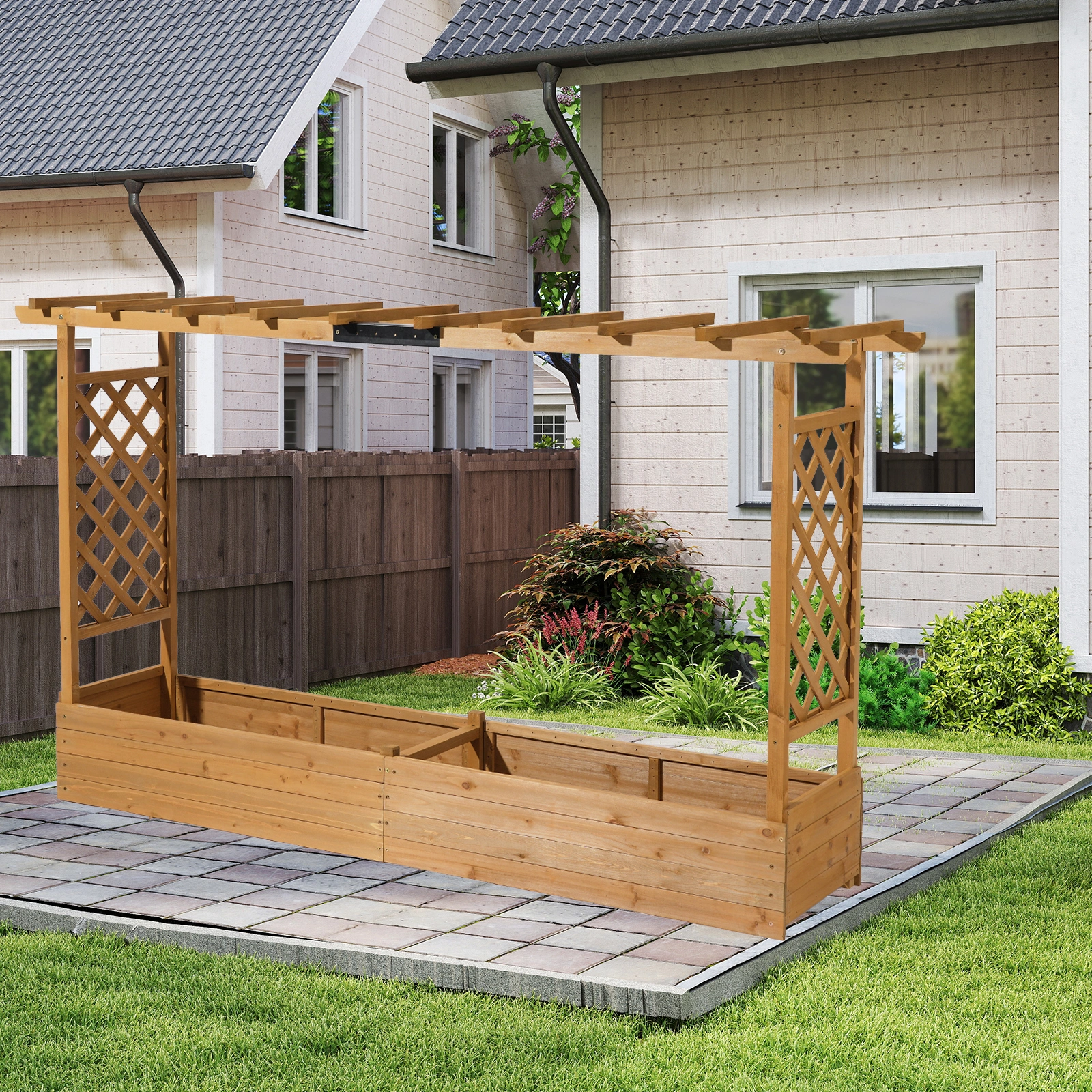 Raised Garden Bed with Trellis, Hanging Roof, Planter Box, Drainage Holes, Vertical Plant Container for Vine Climbing Plant Flower, Standing Wood Planter for Garden Patio Yard, Teak view 6