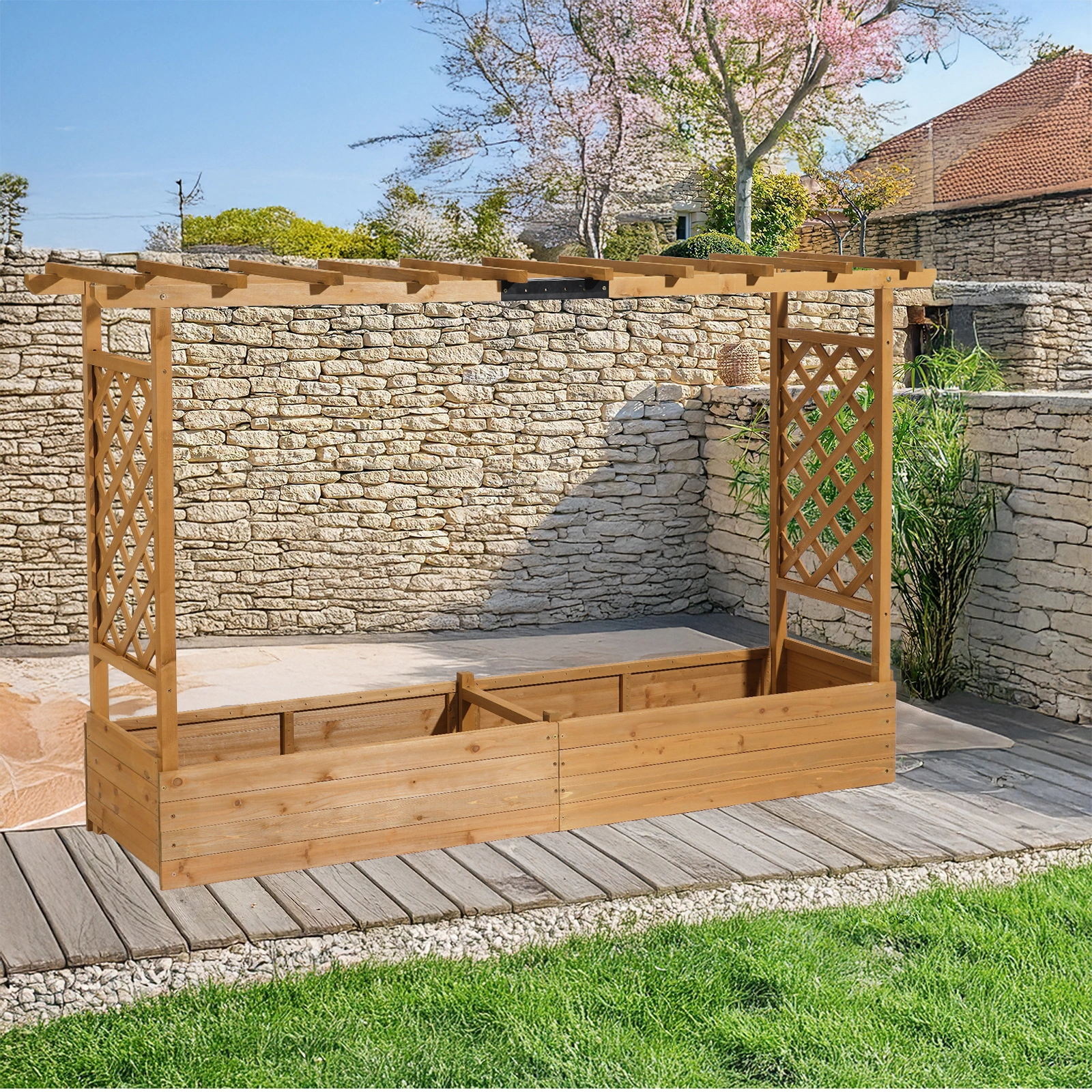 Raised Garden Bed with Trellis, Hanging Roof, Planter Box, Drainage Holes, Vertical Plant Container for Vine Climbing Plant Flower, Standing Wood Planter for Garden Patio Yard, Teak view 8