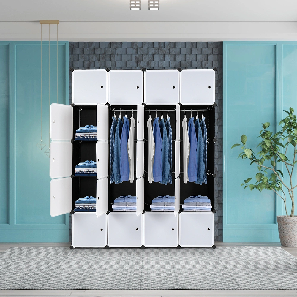 20-Cube Stackable Storage Organizer, Modular Closet Cabinet with Hanging Rod, White Doors & Black Panels view 3