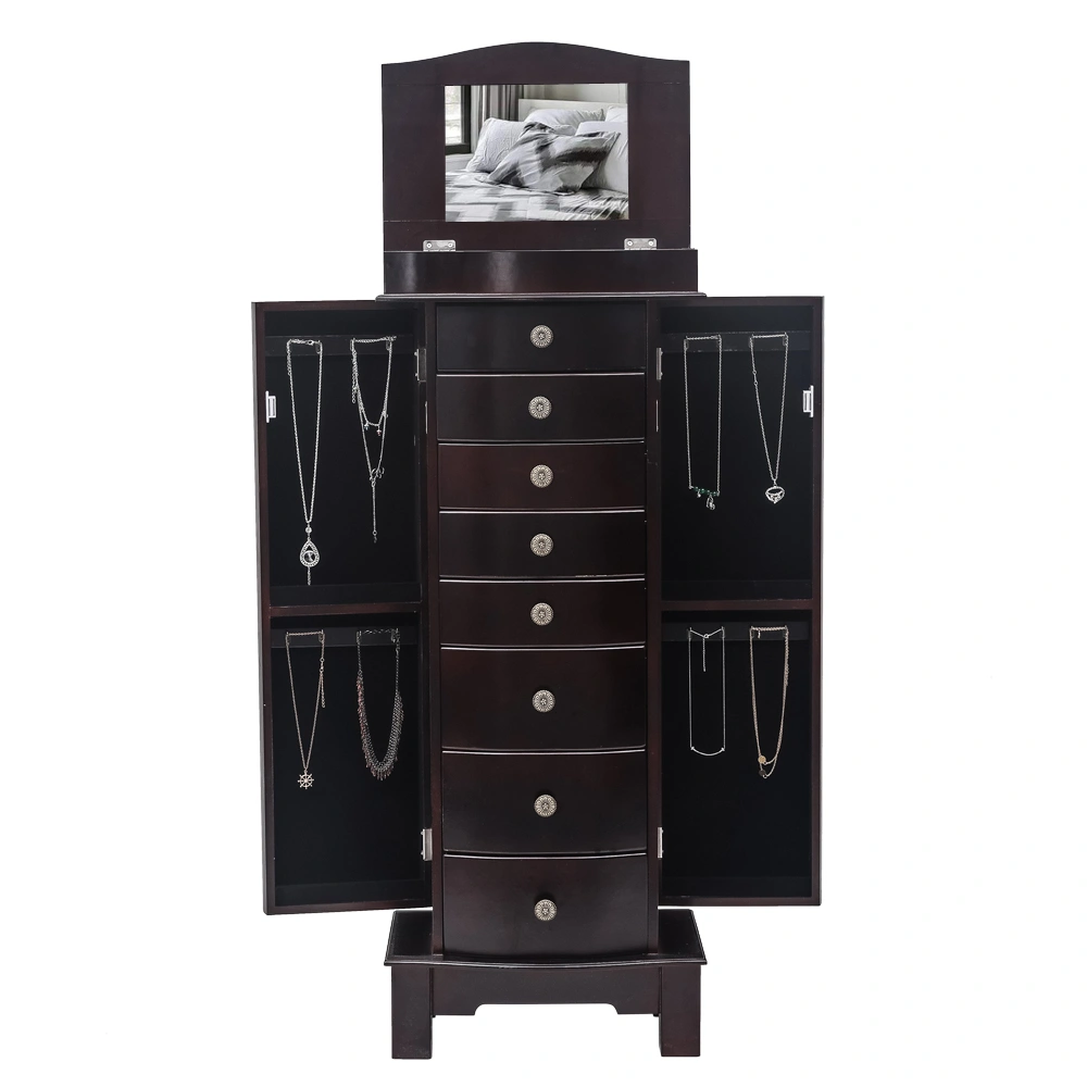 Jewelry Armoire with Mirror, 8 Drawers & 16 Necklace Hooks, 2 Side Swing Doors (Brown) view 6